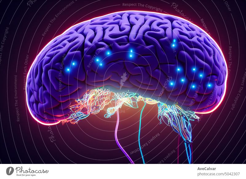 Detaillierte Illustration einer Gehirnsynapse aus der Nähe, Neonlicht, blaue und lila Farben, medizinisches Konzept. menschlich Idee Wissenschaft Anatomie