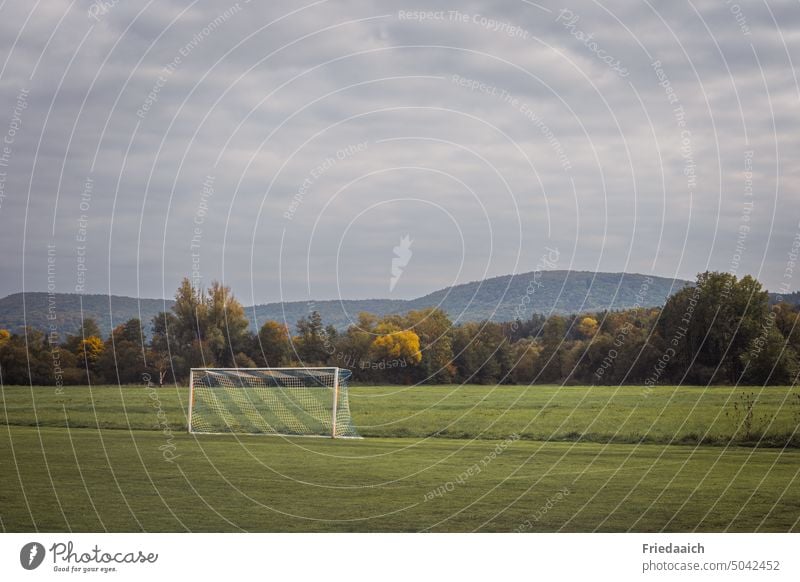 Sportplatz mit Tor, Wälder und Himmel im Hintergrund Fußball Rasen Wiese wälder bedeckter himmel Fußballplatz grün Freizeit & Hobby Gras Sportrasen Spielfeld