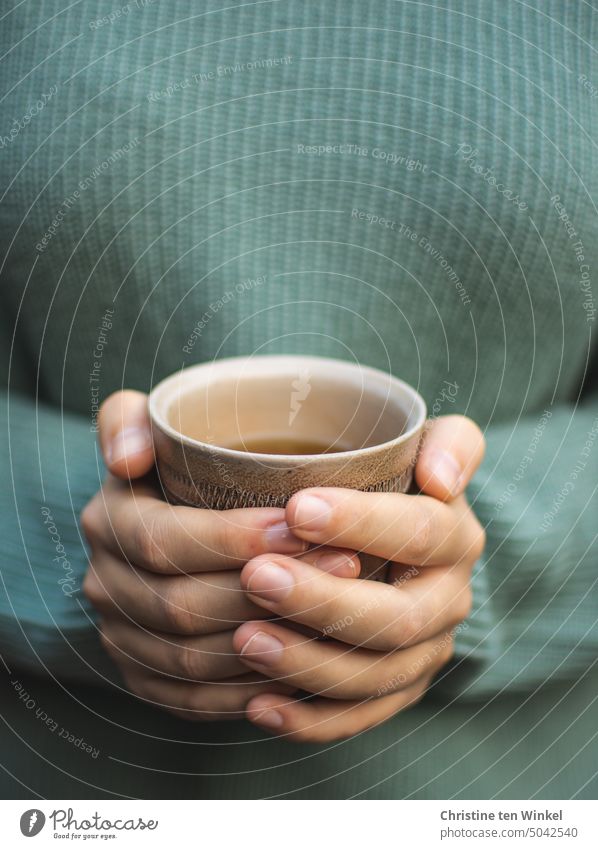 Ein Becher mit Tee in den Händen einer jungen Frau Teebecher festhalten Heißgetränk heißer Tee wärmend aufwärmen Kälte Pullover Herbst genießen Getränk