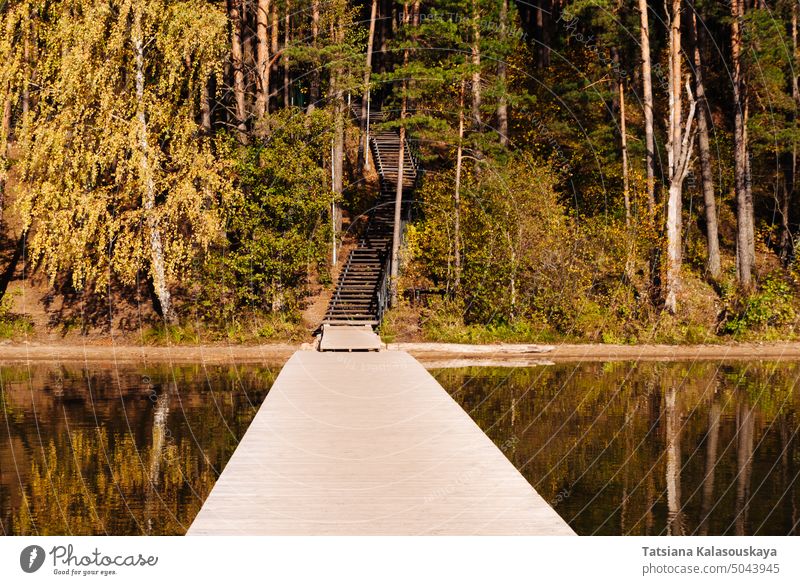 Holzsteg und Holztreppe am See Baltieji Lakajai im Regionalpark Labanoras im Herbst, Malerische Natur in Litauen Landschaft szenische Darstellungen Pier Baum