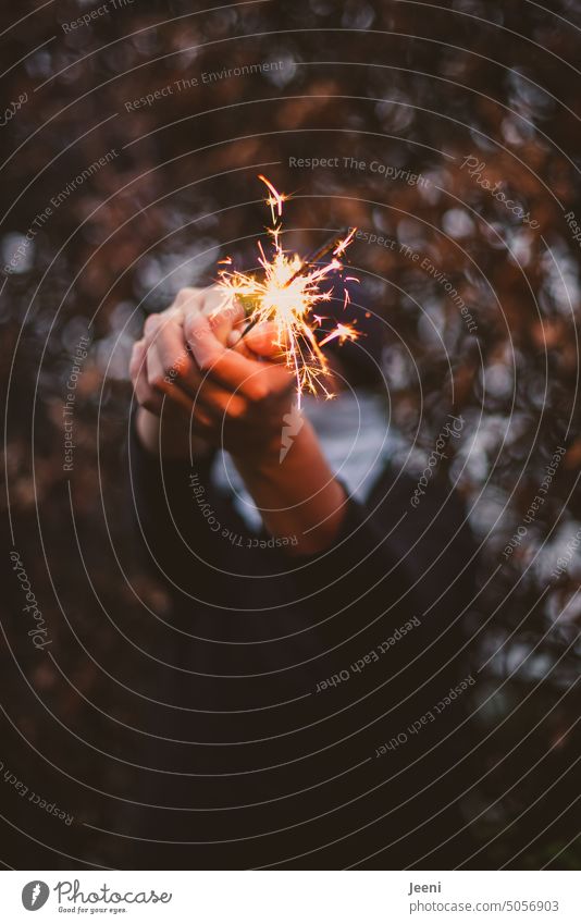 Wunderkerze in den Händen Hand funkeln Funken Feuer Feuerwerk funkelnd Licht brennen heiß Flamme hell Funkenflug glühen Silvester u. Neujahr Glück Feiertag