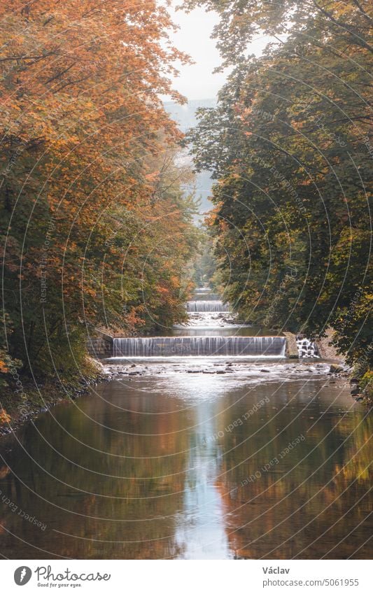 künstlich angelegter Wasserkanal, der einen herbstlichen Laubwald in allen möglichen Farben umgibt. Herbstwetter erkunden Dschungel Tschechien Kaskade Schlucht