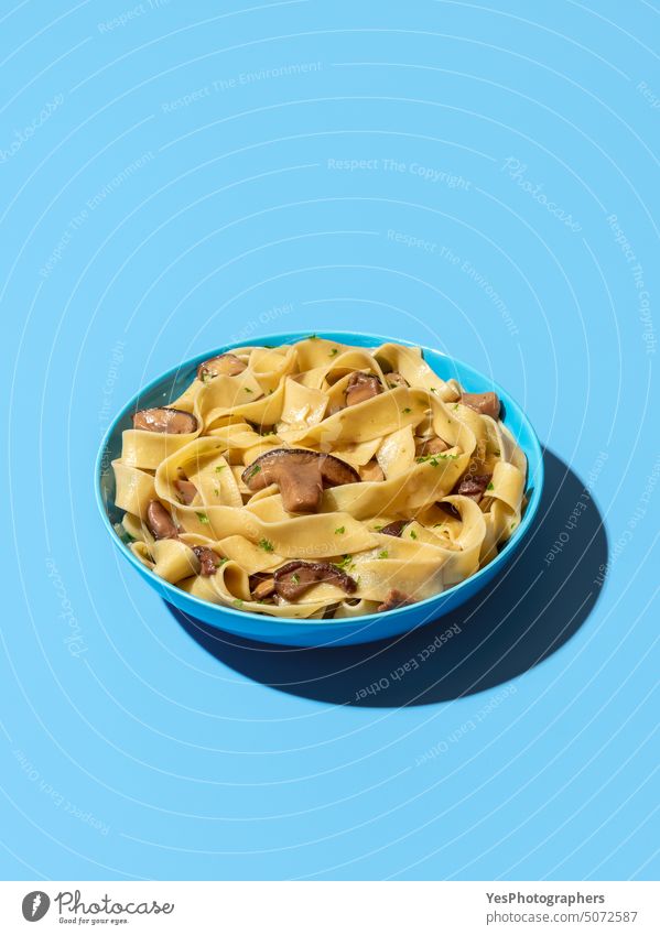 Pasta mit Waldpilzen minimalistisch auf blauem Hintergrund Steinpilze Schalen & Schüsseln hell Kohlenhydrate Champignon Nahaufnahme Farbe gekocht Textfreiraum