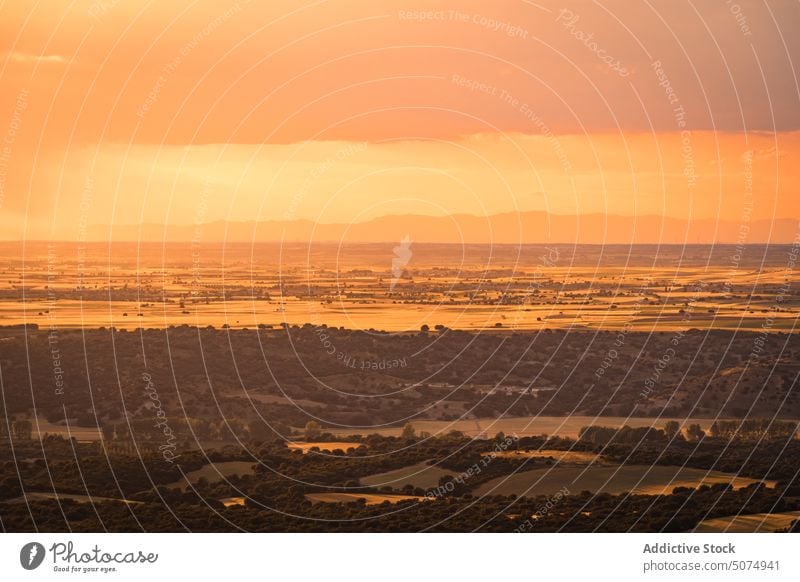 Felder und Bäume bei Sonnenuntergang Baum Landschaft Himmel wolkig orange hell atemberaubend Campos de Castilla Spanien Natur malerisch üppig (Wuchs) Abend