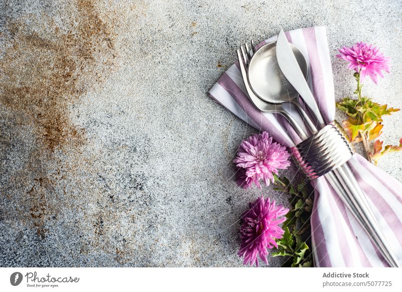 Gedeck für ein herbstliches Abendessen Chrysantheme Astern Asteraceae Herbst Hintergrund Beton Besteck Essgeschirr fallen geblümt Blume Serviette natürlich