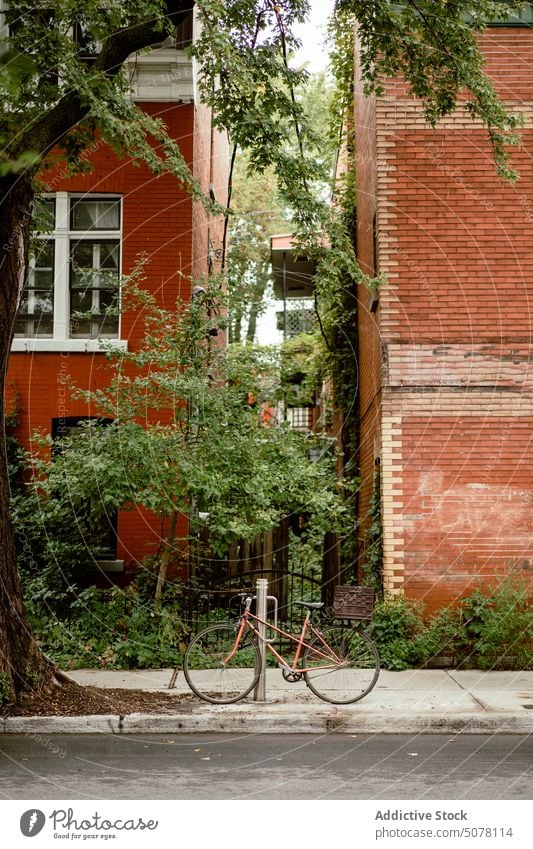 In der Nähe von Backsteingebäuden abgestellte Fahrräder Fahrrad geparkt Bürgersteig Baustein Gebäude Straße Großstadt Verkehr Architektur Baum modern Fassade