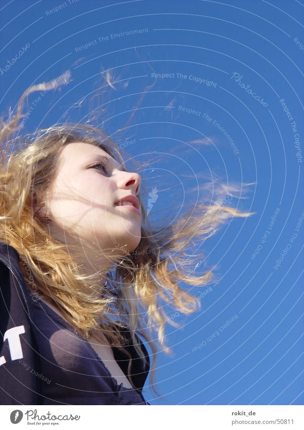 Der Sommerwind..... See Frau Haare & Frisuren Fernweh Meer blond Strand langhaarig zerzaust Brennpunkt Junge Frau fixieren Perspektive Horizont Aussehen