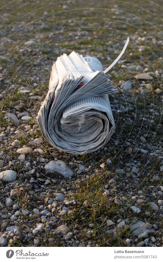 verlorene Zeitung zeitungsrolle Boden zeitungspapier Zeitungsbote übrig geblieben Hinterlassenschaft Außenaufnahme draußen lesen Nachrichtenübermittlung