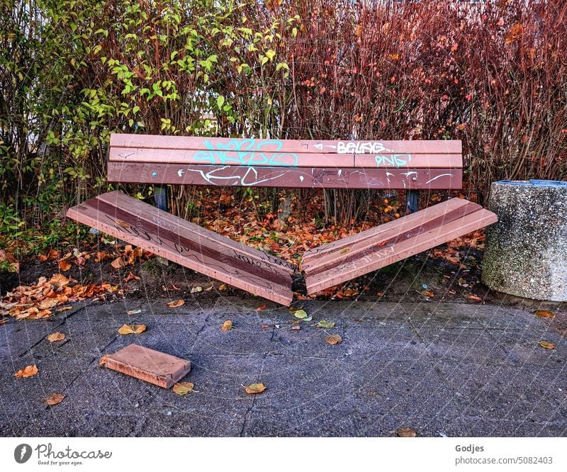 Zerstörte Sitzgelegenheit vor herbstlichem Gebüsch, Vandalismus Sitzbank Graffiti Bank zerstört Außenaufnahme Natur Parkbank Holzbank gebüsch Mülleimer