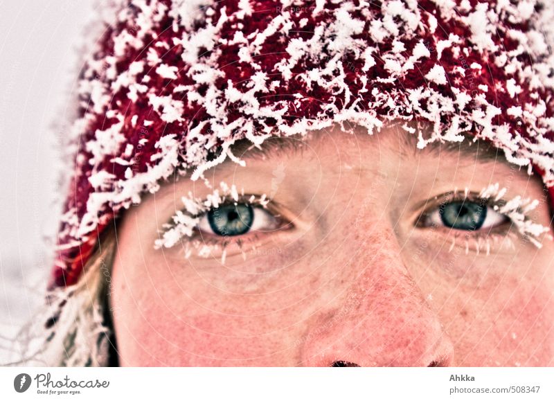 Vereiste Augen einer jungen Frau im Winter Lifestyle exotisch schön Körperpflege Gesicht Gesundheit sportlich Fitness Leben Junge Frau Jugendliche Wimpern