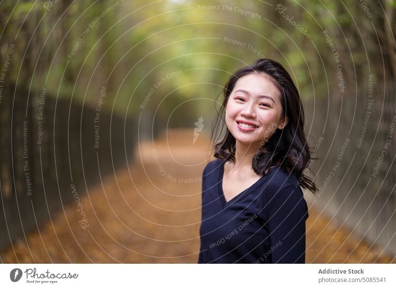 Lächelnde Frau auf einem Weg zwischen Zäunen stehen fallen Laubwerk Blatt Herbst Park Natur sorgenfrei Dame Paris Europa Stil Outfit schwarz Pullover gelb Rock