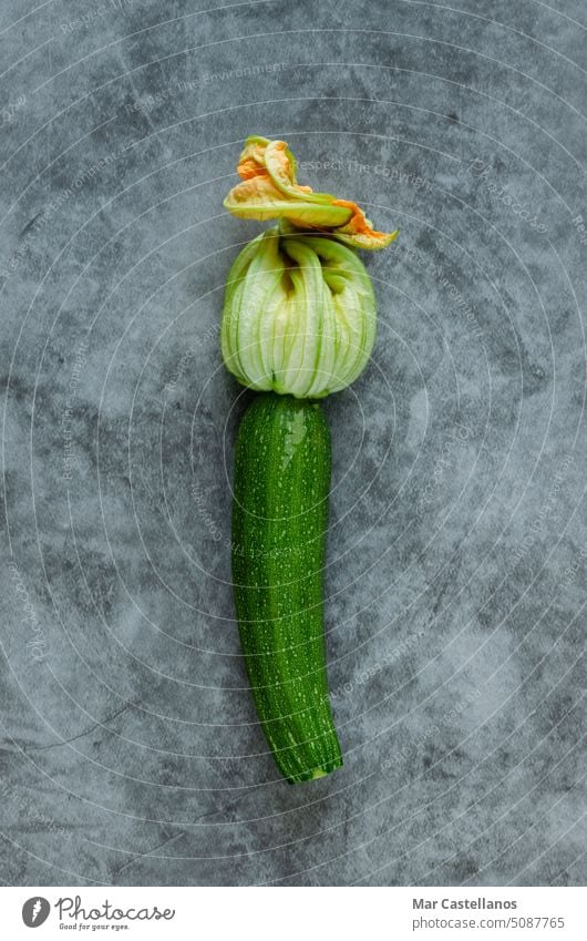 Zarte Zucchini mit Blüte auf einem steinernen Hintergrund. Platz zum Kopieren. vertikales Foto. Blume Angebot jung Gemüse Lebensmittel Gesundheit grün gelb