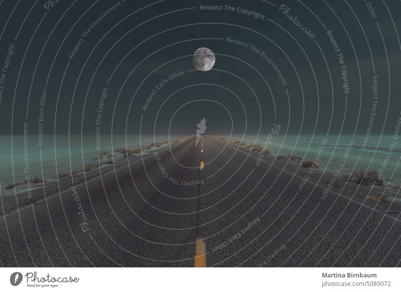 Gerade Straße durch die Salzwüste bei Nacht und Vollmond am Himmel reisen Transport Autobahn Mondschein im Freien Weg Verkehr Asphalt Natur Reise niemand