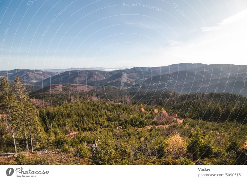 Wunderschöne Aussicht vom Berg in Horni Lomna, Beskiden, Tschechische Republik auf die Fichtenwälder und das Dorf im Tal panoramisch Freiheit Tourist