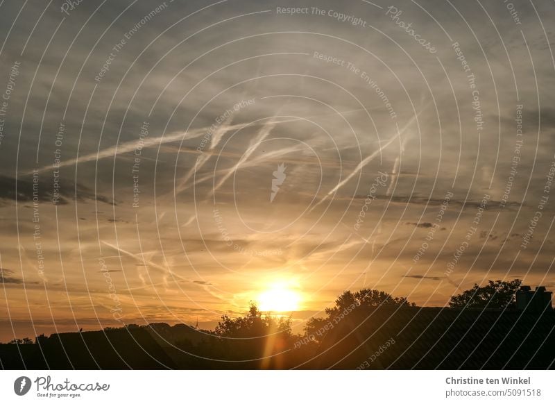 Ein neuer Tag beginnt Sonnenaufgang Morgenstimmung Sonnenlicht Morgendunst Kondensstreifen dunstig Sonnenstrahlen Stille Wetter Gegenlicht Lichtreflexe Natur