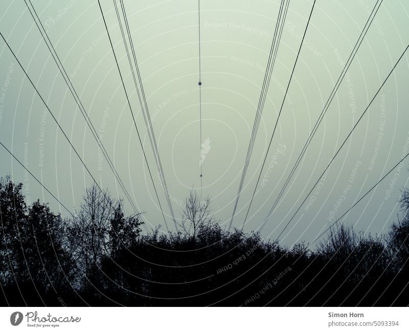 Stromtrasse in Zentralperspektive Hochspannungsleitung Energieversorgung Technik & Technologie Überlandleitung Oberleitung Silhouette Elektrizität