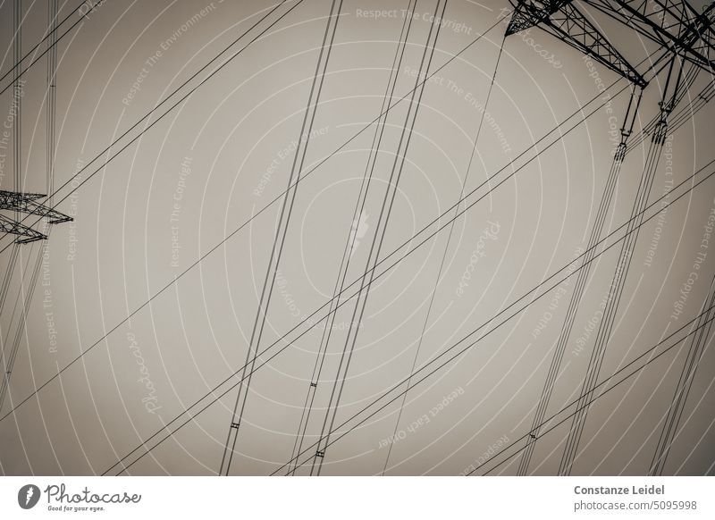 Sich kreuzende Stromleitungen aus der Froschperspektive Strommasten Hochspannungsleitung Elektrizität Energie Himmel Energiewirtschaft Industrie Stromtrasse