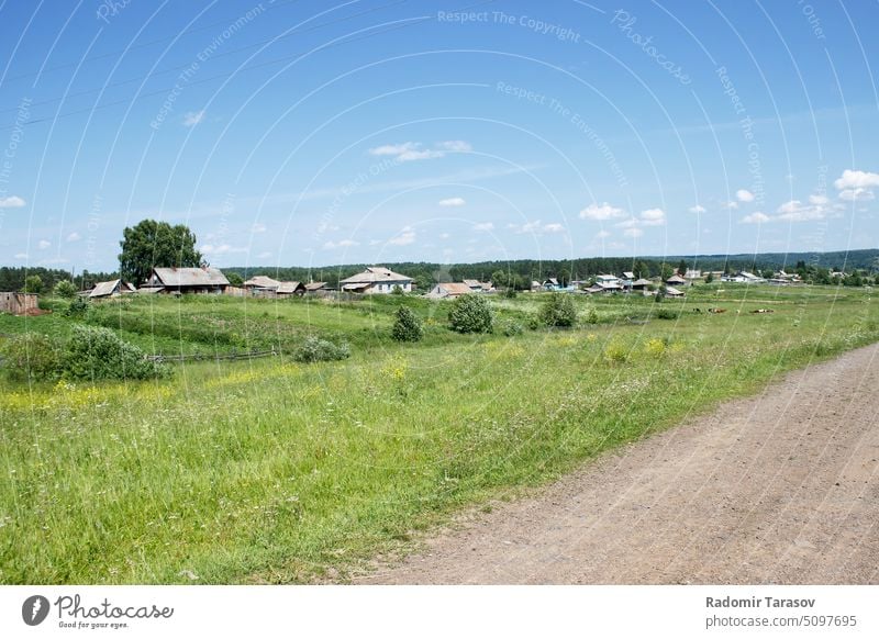 Schotterstraße im Dorf Straße Sibirien Natur Landschaft Gras ländlich Baum im Freien grün Schmutz Weg Wiese Cloud malerisch Himmel Feld Sommer blau leer Umwelt