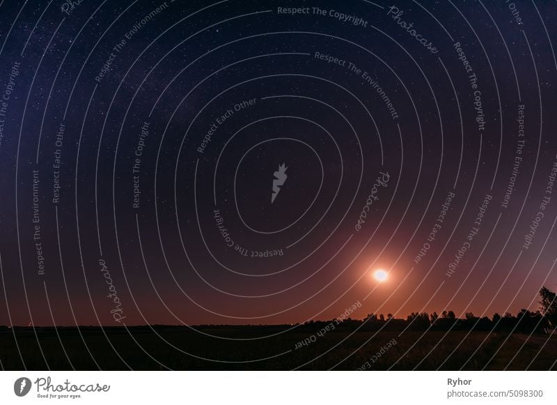 Mondaufgang über Sommer Wiese Landschaft in sternenklarer Nacht Himmelshintergrund Raum magenta Stern Nachthimmel Licht schön Natur Astronomie kosmisch Szene