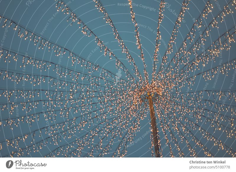 Glitzerndes Lichternetz gegen den blauen Abendhimmel Beleuchtung Lichterkette blaue Stunde Dämmerung glitzern leuchten Weihnachten & Advent Weihnachtsmarkt