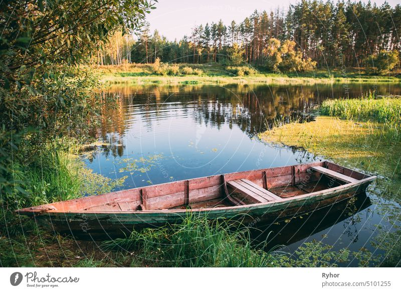 Alte hölzerne Rudern Fischerboot in der Nähe von Lake River Coast bei schönen Sommer sonnigen Tag. See Park niemand weißrussland Russland Europa Ruderboot