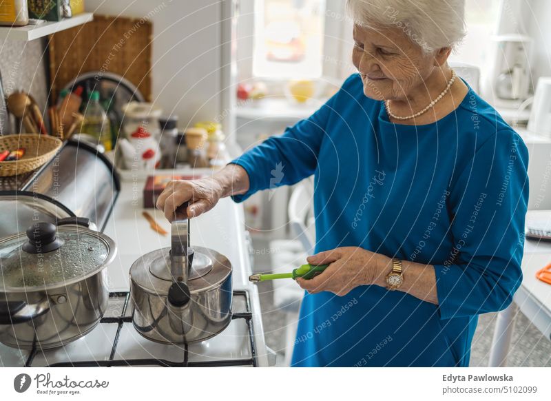 Porträt einer älteren Frau in ihrer Wohnung Lächeln Glück genießend positiv Freude Menschen Senior reif heimwärts Haus alt Alterung häusliches Leben Großmutter