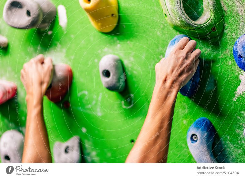 Pflanzenkletterer, der sich am Griff festhält Aufsteiger packen Wand Aufstieg Training Fitnessstudio Sport extrem Kreide Athlet Übung Bouldern Herausforderung