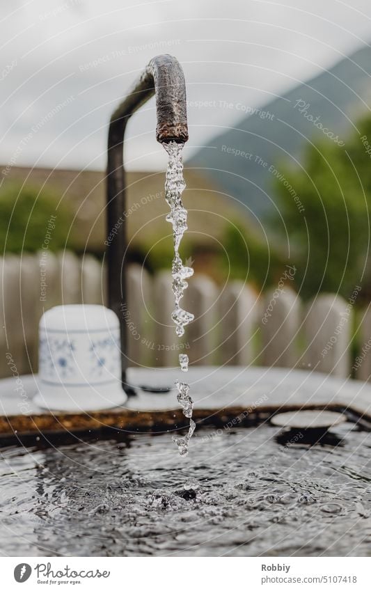 Wasser sprudelt aus einem Wasserhahn Trinkwasser Wassertropfen Waschbecken Tropfen Flüssigkeit Tränke nass trinken Wasserbecher sauber Erfrischung