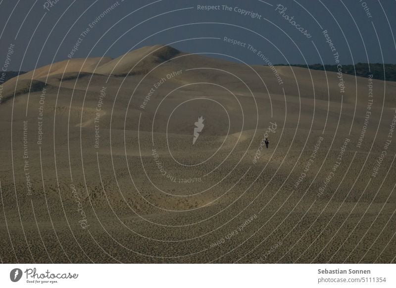 Einsame Silhouette eines Mannes, der auf der riesigen Sandformation Dune du Pilat spazieren geht, beleuchtet durch das Mondlicht in der Nacht, Arcachon, Nouvelle-Aquitaine, Frankreich