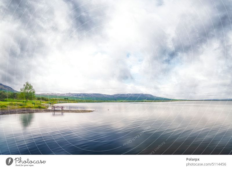 Seelandschaft mit einer Bank und einem Tannenbaum Landschaftshintergrund wolkig natürlich Wetter Kiefer MEER Hintergrund Cloud Bucht Gelassenheit Schönheit wild