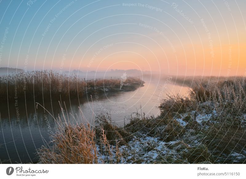 Flussbiegung im Morgennebel Natur Umwelt Landschaft Nebel Fluß Wasser Außenaufnahme Menschenleer Morgendämmerung Sonnenaufgang Flussufer ruhig Schönes Wetter