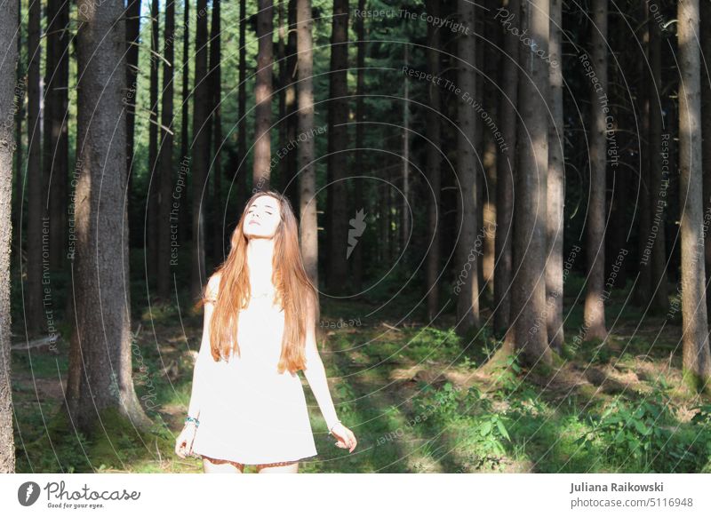 Frau mit langen Haaren in der Sonne im Wald langes Haar geheimnisvoll Melancholie hübsch Haarsträhne elegant brünett langhaarig schön feminin Farbfoto Mensch 1