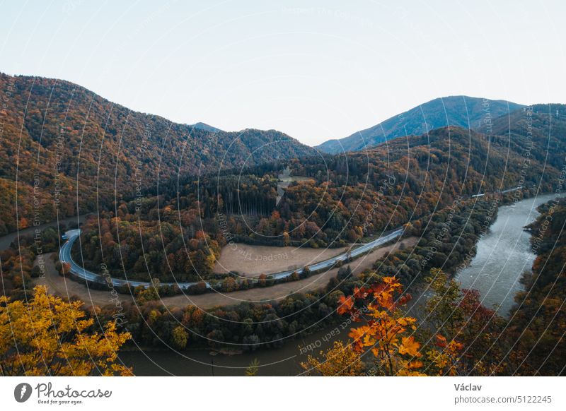 Blick auf die Herbstlandschaft des Domasinsky-Mäanders in der Region Zilina, Slowakei. Der Fluss Vah fließt U-förmig an herbstlichen Wäldern vorbei Irrfahrt