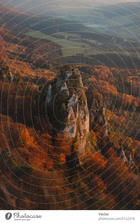 Sonnenuntergang über herbstlich gefärbten Wäldern rund um die Sulovske-Felsen in der Slowakei, Osteuropa. Rot-orange Waldvegetation Sulov-Gebirge November