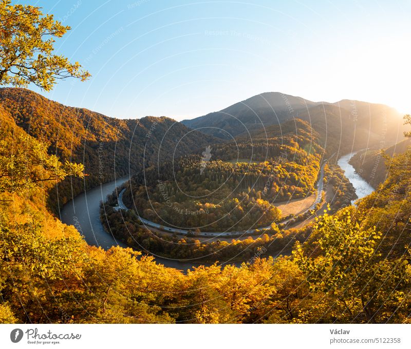 Blick auf die Herbstlandschaft des Domasinsky-Mäanders im Licht des Sonnenuntergangs in der Region Zilina, Slowakei. Der Fluss Vah fließt U-förmig an herbstlichen Wäldern vorbei