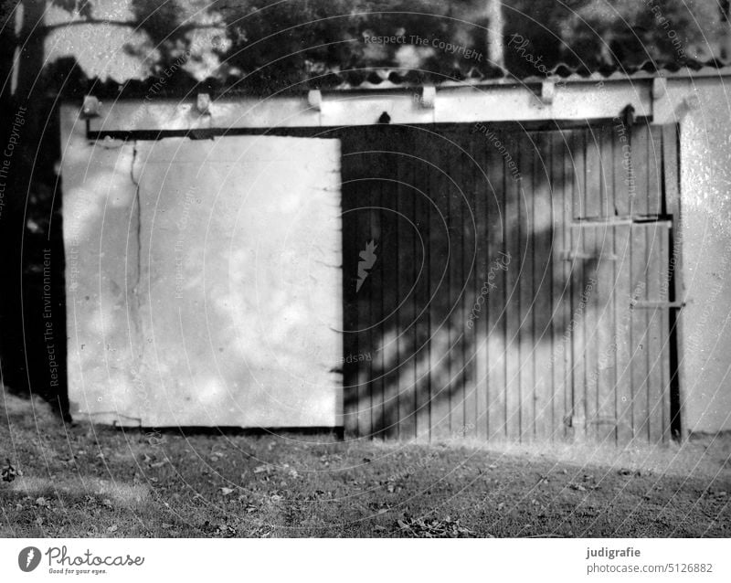 Holztor mit Baumschatten Schuppentür Lagerschuppen Scheune Hütte Wand Tür Holztür Eingang Gebäude Garage Schatten Licht alt marode Vergangenheit Wellblechdach