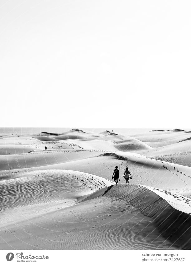 Menschen auf Dünen in Wüste. Und wo ist der Wüstenwind? Sand Ferien & Urlaub & Reisen Außenaufnahme Natur Fernweh Abenteuer Ferne Farbfoto Strand Himmel Küste