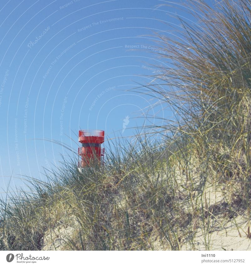 Teilansicht Leuchtfeuer Helgoland Düne Sommer Natur Nordsee Insel Helgoländer Düne Leuchttrum Oberfeuer Leitfeuer Sand Sandstrand Strandhafer Wildpflanzen