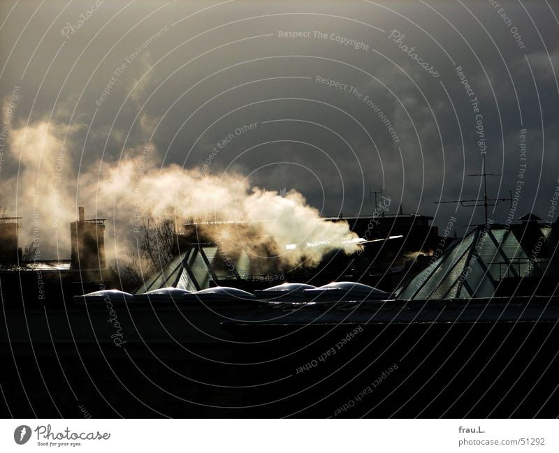 heizen Rauch Dach Oberlicht Sonnenlicht Gegenlicht Winter kalt frieren Physik Regenwolken Hamburg Himmel gasheizung Wasserdampf Schornstein Heizkörper Wärme