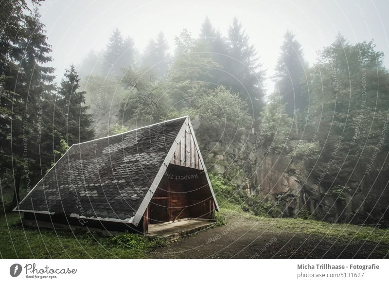 Holzhütte im Nebel Bergsee an der Ebertswiese Thüringen Thüringer Wald Hütte Nebelschwaden Bäume Felsen Felswand Steine Landschaft wandern Tag ruhig kühl feucht