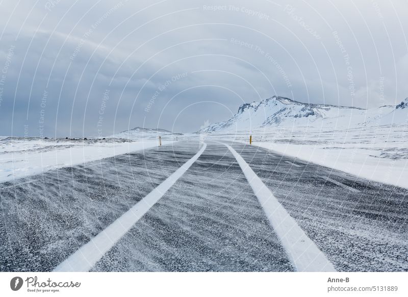 Schneespur auf einer Straße an einem stürmischen Wintertag in schöner, einsamer Landschaft verschneit Schneespuren Sturm Schneesturm Schneeverwehungen