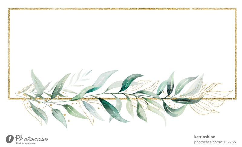 Rechteckiger goldener Rahmen aus grünen Aquarellblättern, Illustration einer Hochzeit Geburtstag botanisch Dekoration & Verzierung Zeichnung Element Laubwerk