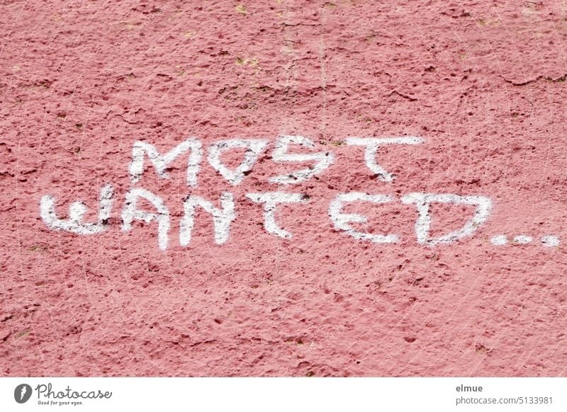 MOST WANTED ... steht in weißen Druckbuchstaben an einer altrosa Wand most wanted englisch begehren wollen mögen gesucht suchen Blog Schmiererei begehrt sein