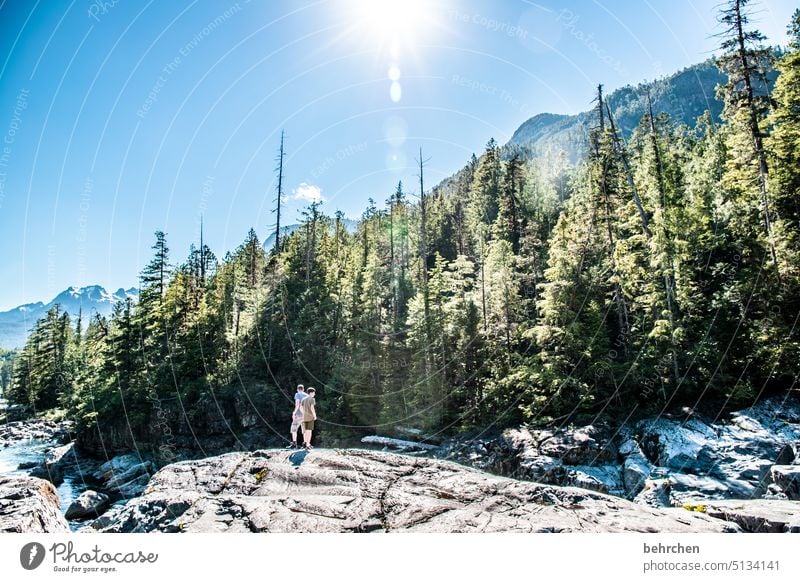 neue welten entdecken Flußbett Felsen Gesteinsformationen Fluss Natur Landschaft Bäume Himmel Freiheit Farbfoto Ferne Vancouver Island British Columbia Sohn