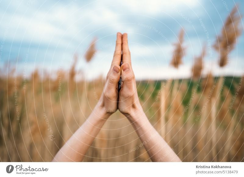 Frau macht Namaste Yoga Mudra auf Schilf natürlichen Hintergrund. Gesundes Mädchen Training im Sommer im Freien. Dankbarkeit, Einheit mit der Natur, Frieden und Liebe Konzept.