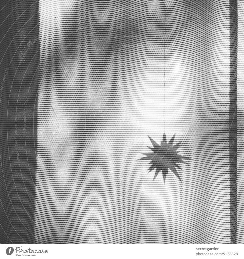 Hinter deutschen Gardinen Stern Weihnachten & Advent Schwarzweißfoto Schatten Herrnhuter Stern Muster Struktur feierlich Fenster Weihnachtsstern