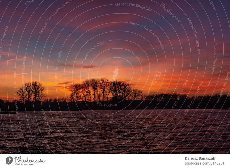 Schöne bunte Wolken nach Sonnenuntergang über Bäume und See Wasser Baum Natur Landschaft Cloud Himmel Abenddämmerung Reflexion & Spiegelung schön im Freien