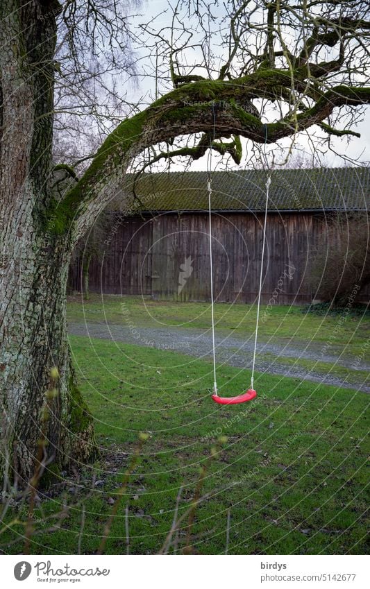 rote Kinderschaukel an einem alten Baum auf dem Lande Schaukel Spielgerät Kindheit ländlich Spielen verlassen Ast Gras schaukeln Scheune Schuppen menschenleer