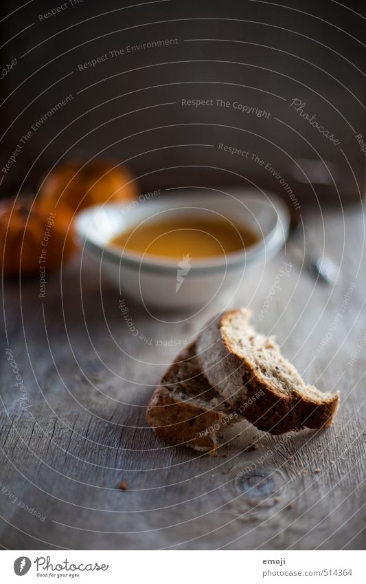 Abendbrot Gemüse Brot Suppe Eintopf Ernährung Mittagessen Abendessen Bioprodukte Vegetarische Ernährung Diät Slowfood lecker grau orange Kürbiszeit Kürbissuppe