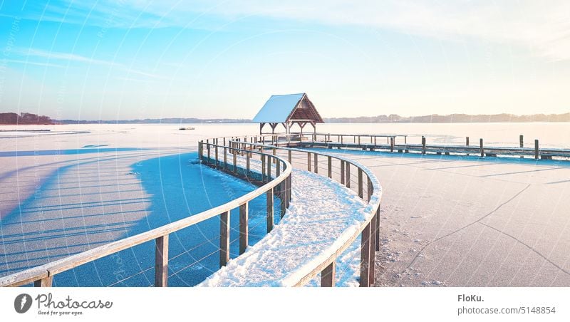 Vogelplattform Hemmelsdorf im Winter See gefroren weiß Eis kalt Frost Schnee Natur frieren Außenaufnahme blau Wetter Eiskristall Farbfoto Jahreszeiten